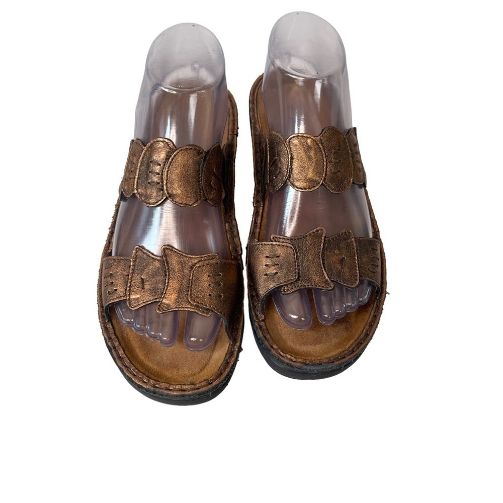 Naot Metallic Leather Slide Sandals 38 7 Comfort Low Wedge Boho Bronze